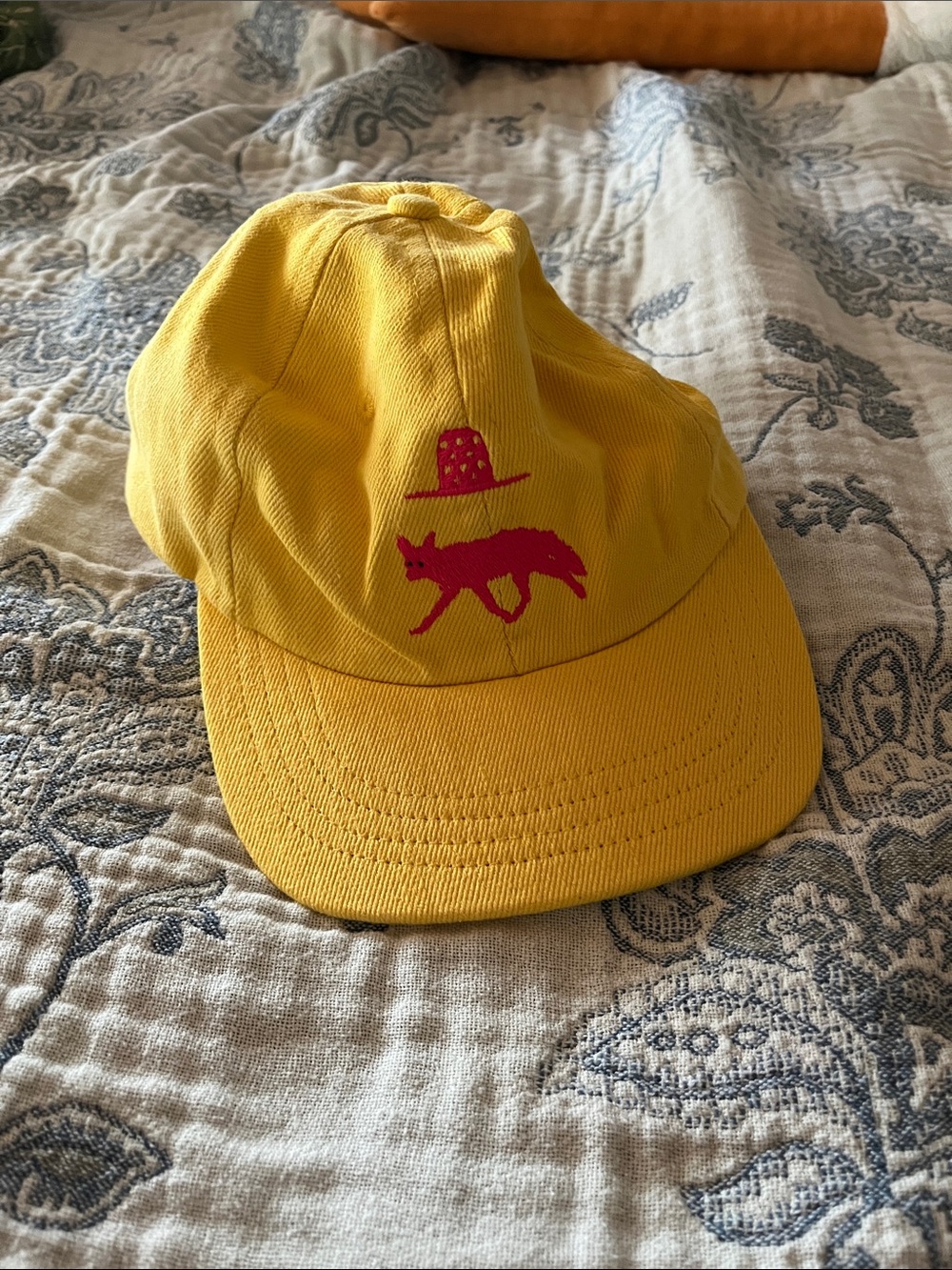 Yellow Baseball Cap with Pink Fox and Hat Graphic